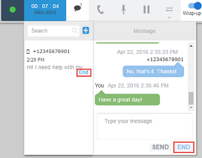 The two locations where you can end an SMS interaction in the CxEngage toolbar.