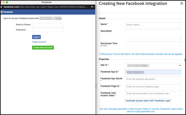 Screen imae of Facebook User Access Token login via CxEngage