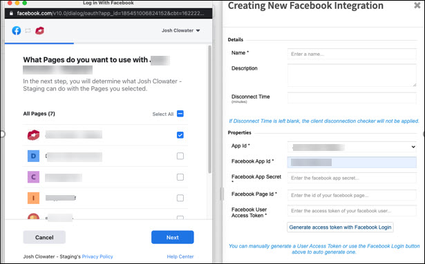 Image of selecting what Facebook page(s) to use