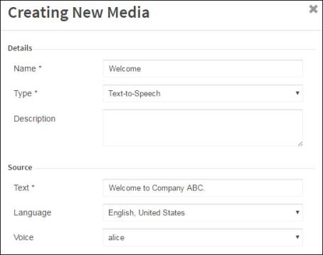 Screen image of creating a new text to speech media prompt