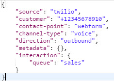 Image of an API POST request to create an outbound interaction to a queue