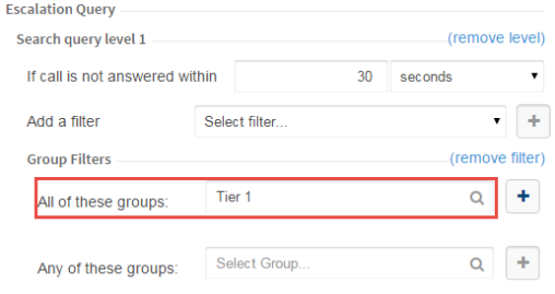Selecting a group for an "All of these groups" filter to a CxEngage escalation query