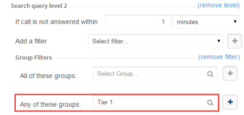 Selecting a group from the "Any of these groups" filters in a CxEngage level 2 escalation query.