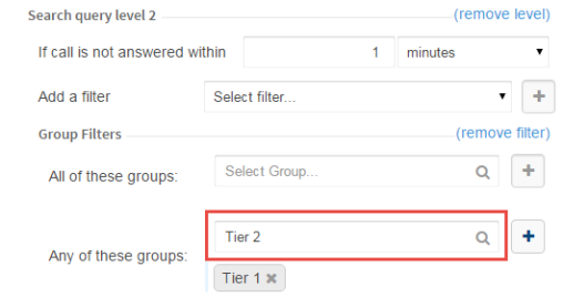 Selecting a second group to the "Any of these groups" filter in a level 2 CxEngage escalation query.